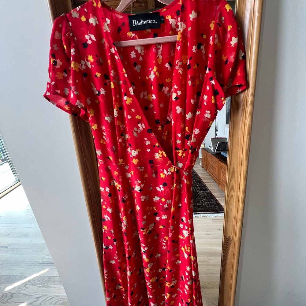 Realisation Par Red Puff Sleeve Wrap Midi Dress